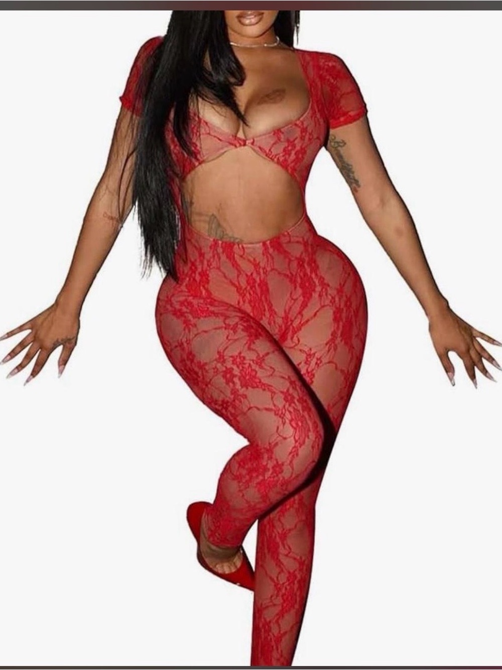 Red Lace Cutout Sheer Jumpsuit